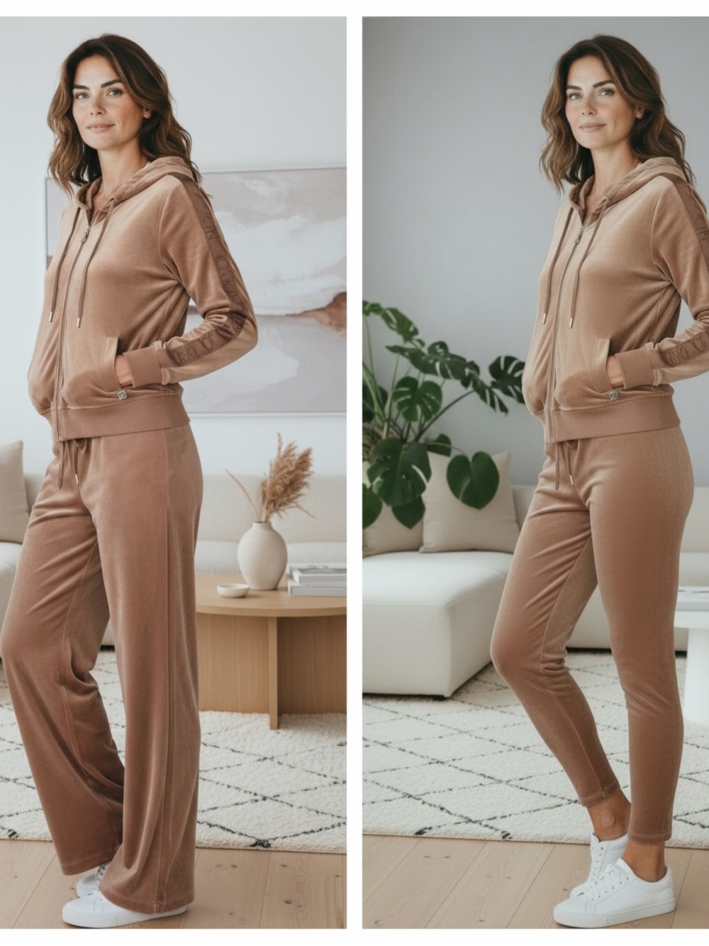 Calvin Klein Camel Velour Hooded Jacket, Wide Leg Pants and Leggings 3 Piece Set